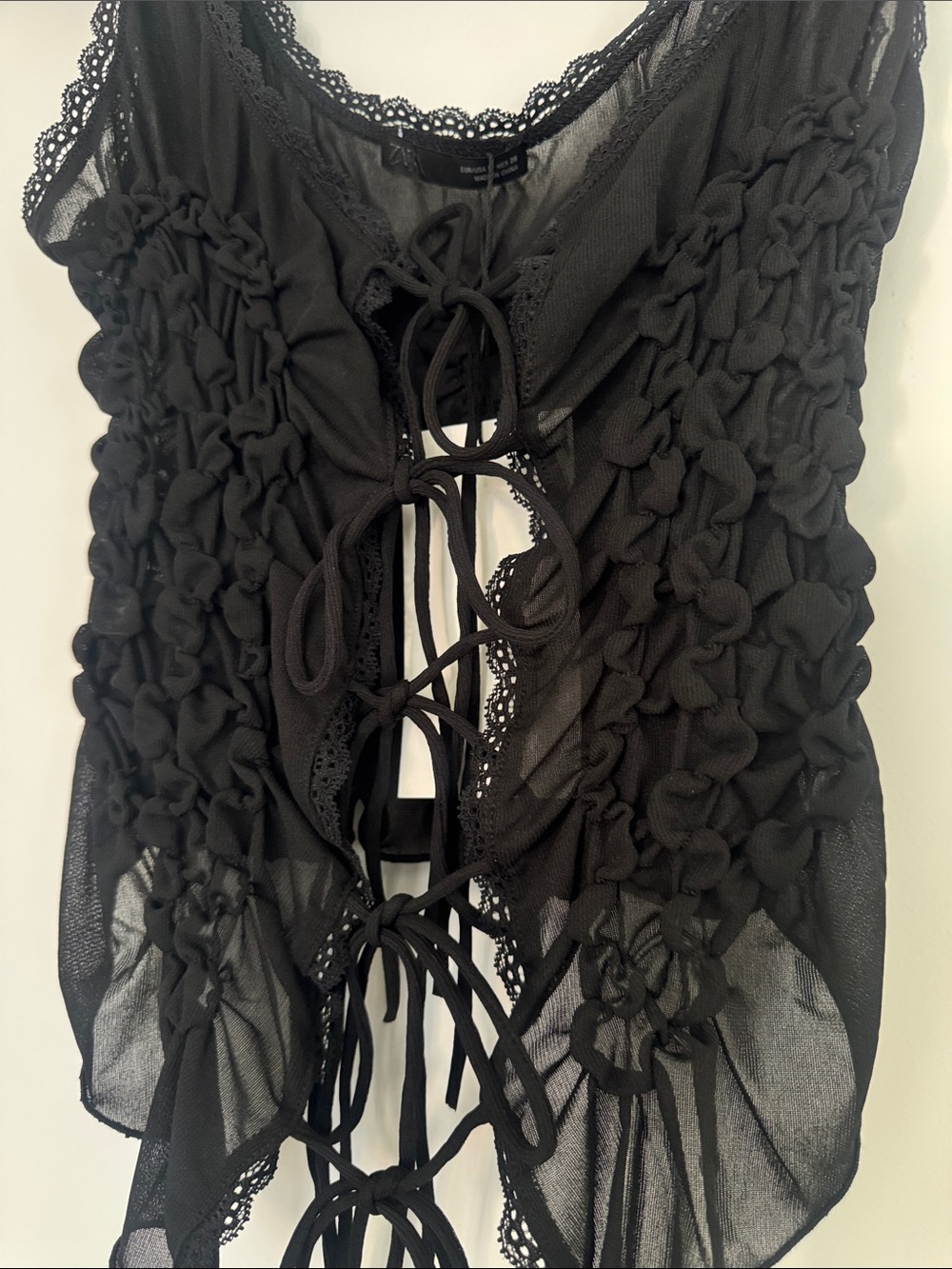 Zara Black Lace-Up Sheer Ruched Tank - Picture 6 of 16